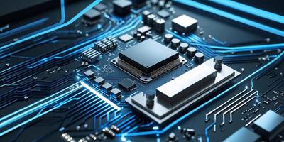 Close-up view of an advanced circuit board showcasing intricate electronic components and vibrant blue pathways photo