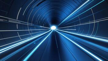 Vibrant blue tunnel with glowing lines leading to bright light in a futuristic setting photo