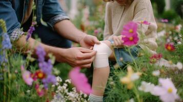 Caring for a child's scraped knee in a vibrant flower garden during sunny spring afternoon photo