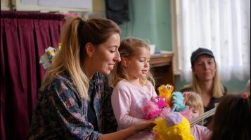 Children enjoy a creative workshop with colorful puppets guided by an enthusiastic teacher in a cozy classroom photo