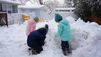 Kids building a snow fort in the backyard on a winter afternoon after a heavy snowfall photo