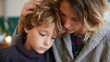 Emotional mother comforts her worried child in a cozy indoor setting during a calm evening photo