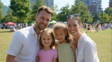 Family enjoys a sunny day in the park while smiling happily together with children playing nearby photo
