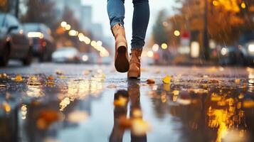 Walking through a city in autumn rain with reflections on wet pavement and fallen leaves on a grey day photo