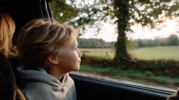 Child enjoying a scenic view from the car during a road trip in the countryside at sunset photo