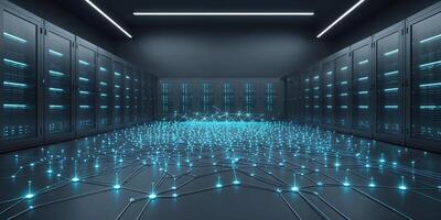 Advanced data center showcasing illuminated connections and modern server technology in a high-tech environment photo