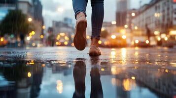 Walking on a rainy city street with reflections in puddles during golden hour photo