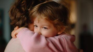 Child shows affection by hugging parent indoors during cozy evening setting photo