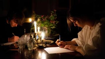 Two individuals engaged in writing by candlelight in a dimly lit room during a quiet evening photo