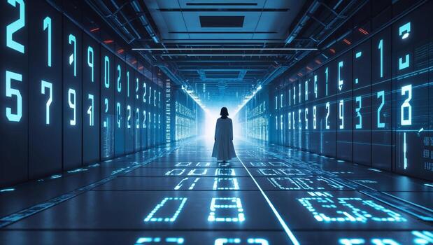 Digital realm exploration in a futuristic data corridor illuminated by glowing numbers and codes at night photo