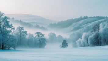 Winter landscape featuring misty mountains and frosted trees in a serene atmosphere photo