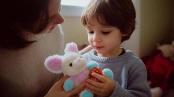 Child enjoys playtime with mother in cozy indoor setting while holding a stuffed animal and colorful toy photo