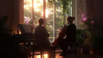 Musicians play cello and piano in a sunlit room surrounded by plants during a tranquil evening photo