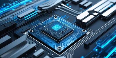 Close-up view of a computer motherboard featuring a central processing unit with intricate blue circuitry photo