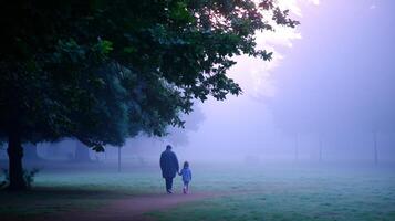 Father and daughter enjoy a peaceful morning walk in a misty park surrounded by greenery photo