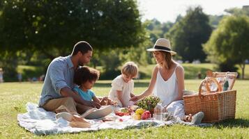 Family enjoys a picnic in the park during a sunny afternoon with children engaging in playful activities photo