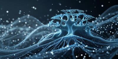 Digital landscape showcasing abstract tree-like formations amidst flowing blue waves and sparkling particles in a futuristic setting photo