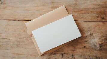 Blank stationery and envelope on rustic wooden table for creative projects and correspondence photo
