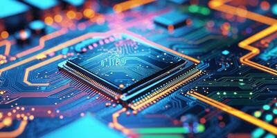 Close-up view of a computer processor on a vibrant circuit board highlighting intricate designs and LED lights photo