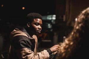 Young man engaged in a deep conversation at a night gathering outside a cafe photo