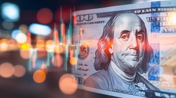 Close-up view of a hundred dollar bill with financial graphs and bokeh lights in the background during nighttime trading hours photo