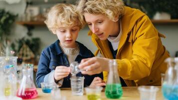 Mother and child conducting fun science experiments at home during a sunny afternoon photo