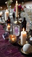 Decorative altar with candles, crystals, and flowers creating a serene atmosphere in a cozy indoor setting photo