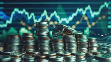 Bitcoin coins stacked in foreground with financial graph data in background showcasing market trends and analysis in cryptocurrency photo