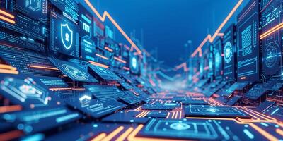 Exploring the intricate details of a futuristic digital landscape filled with glowing interfaces and vibrant circuitry photo
