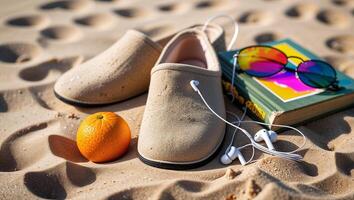 Relaxing at the beach with comfy shoes, sunglasses, an orange, and a book on a sunny day photo