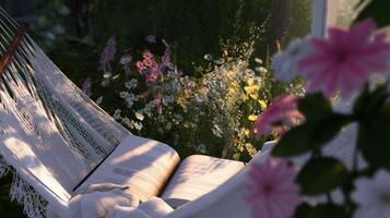 Relaxing in a hammock with a book surrounded by colorful flowers on a sunny afternoon in a tranquil garden photo