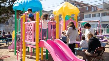 Children enjoy a sunny day playing on colorful playground equipment at a park in an urban area photo