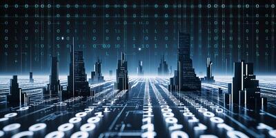 Digital cityscape visualization with towering structures and binary code floating above the ground at night photo