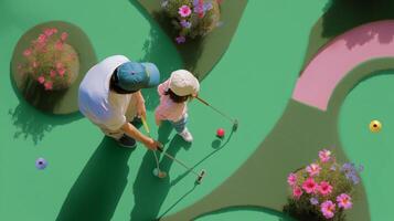 Minigolf fun between a parent and child on a colorful course filled with flowers in the afternoon photo