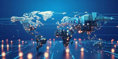 Digital world map visualization showcasing technology and connectivity in an abstract representation of international data flow photo