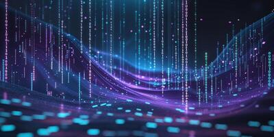 Abstract digital landscape with flowing binary code and vibrant colors at night photo