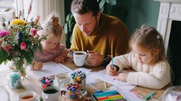 Creative family time at home with kids coloring and enjoying warm drinks in a cozy setting photo