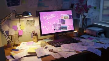 Creative workspace cluttered with sketches, notes, and a computer in evening light, showcasing artistic expression and organization photo
