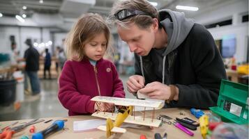 Father and daughter bonding during a model airplane workshop at a community center on a weekend afternoon photo