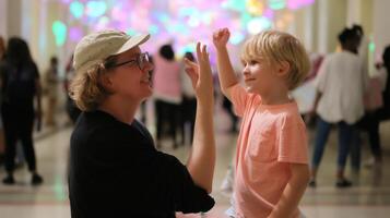 Joyful interaction between a child and adult in a vibrant public space during an evening event photo