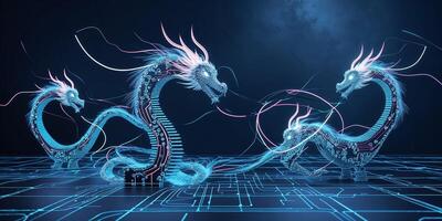 Digital dragons intertwine in an electrifying display of technology and myth in a futuristic environment photo