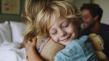 Child hugs parent warmly in cozy indoor setting, capturing a moment of love and connection during a relaxed afternoon photo