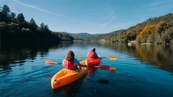 Kayaking on a tranquil lake with vibrant autumn foliage in the background during a sunny day photo