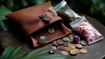 Collection of decorative items including coins and herbs displayed on a wooden table in a lush, green environment photo