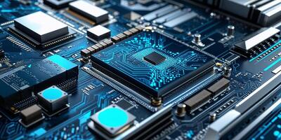 Close-up view of a circuit board with intricate blue electrical pathways and microchips at a tech workshop photo