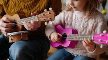 Family bonding through music as child learns to play ukulele with parent at home in cozy setting photo