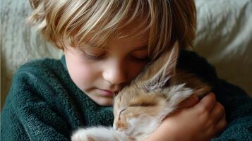 Child embraces a sleeping kitten in a cozy indoor setting during the afternoon photo