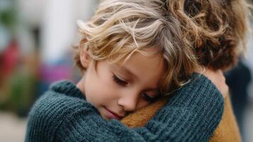Child sharing a warm embrace with a parent in a cozy outdoor setting during a sunny afternoon photo