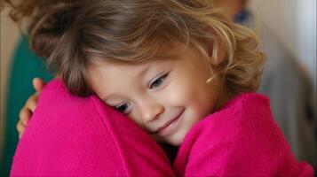 Young child enjoys warm hug while wearing bright pink blanket during cozy indoor moment with family photo
