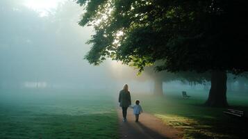 Mother and child walking through foggy park during early morning light on serene autumn day photo